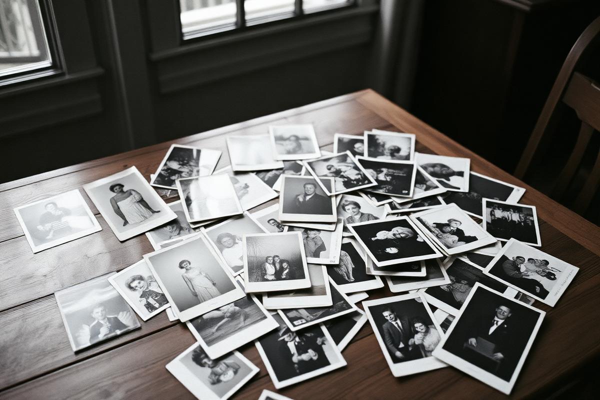Family polaroids strewn on a wooden table